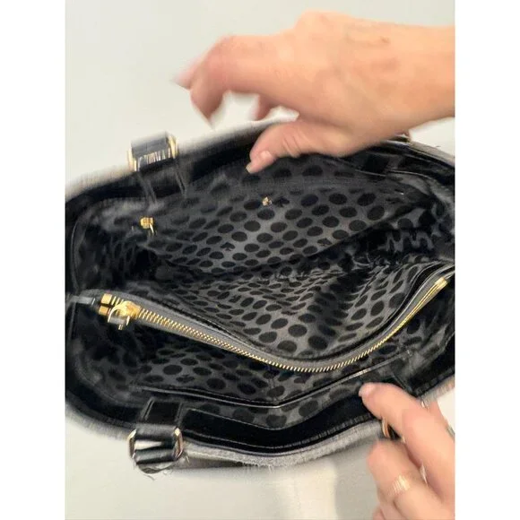NWOT Kate Spade Black & Gray Wool Blend Tote Bag Gold Button Polka Dot Interior